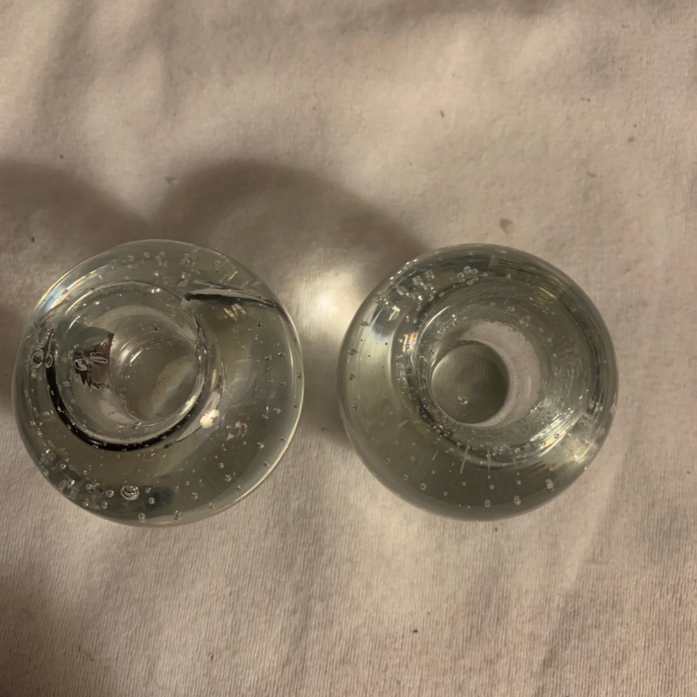 Hand Blown Art Glass Taper Candle Holder Controlled Bubble Bullicante Clear Pair - Picture 6 of 6